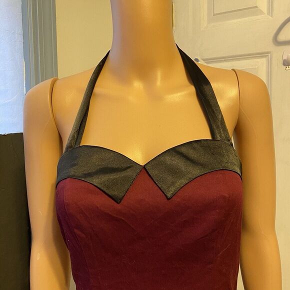 VTG 1980s Dressystar Milkmaid MidiDress MaroonBlack Goth Vamp Halter Strap Tie - Picture 6 of 12